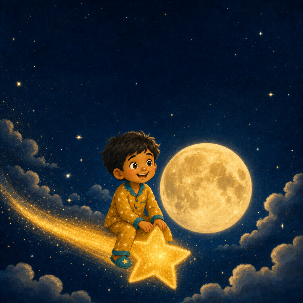 Book cover: a child rides a golden star across the night sky